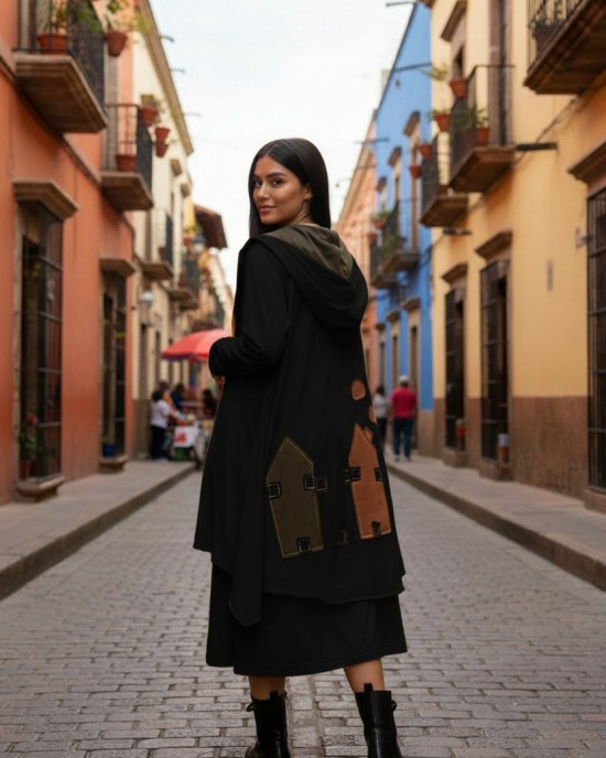 Ασύμμετρο Καλοκαιρινό Πανωφόρι Midi, σε λευκό ή μαύρο χρώμα, σε στυλ κάπας με μανίκι, Άνετο δροσερό, Βαμβάκι 100% με πλαϊνές τσέπες, ΧΩΡΙΣ φερμουάρ, σχέδιο Πολύχρωμα Σπιτάκια