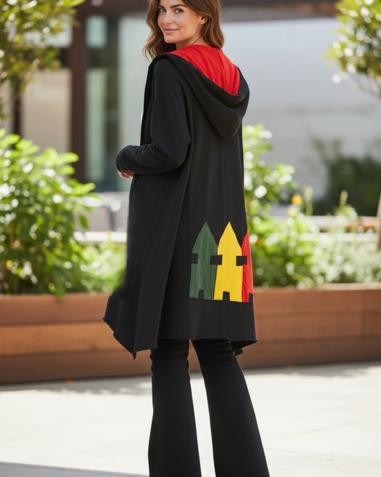 Ασύμμετρο Πανωφόρι Midi, μαύρο, σε στυλ κάπας με μανίκι, Άνετο ζεστό, Φούτερ με χνούδι, Βαμβάκι95% ελαστάν 5%, πλαϊνές τσέπες, ΧΩΡΙΣ φερμουάρ, σχέδιο Σπιτάκια 