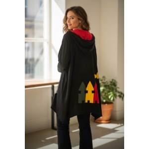 Ασύμμετρο Πανωφόρι Midi, μαύρο, σε στυλ κάπας με μανίκι, Άνετο ζεστό, Φούτερ με χνούδι, Βαμβάκι95% ελαστάν 5%, πλαϊνές τσέπες, ΧΩΡΙΣ φερμουάρ, σχέδιο Σπιτάκια 