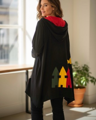 Ασύμμετρο Πανωφόρι Midi, μαύρο, σε στυλ κάπας με μανίκι, Άνετο ζεστό, Φούτερ με χνούδι, Βαμβάκι95% ελαστάν 5%, πλαϊνές τσέπες, ΧΩΡΙΣ φερμουάρ, σχέδιο Σπιτάκια 