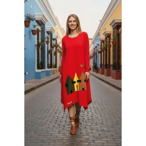 Μίντι φόρεμα, μακρύ μανίκι, στρόγγυλη λαιμόκοψη, μικρά πλαϊνά ανοίγματα στο τελείωμα, μήκος 112εκ., Βαμβάκι100% με σχέδιο πολύχρωμα σπιτάκια