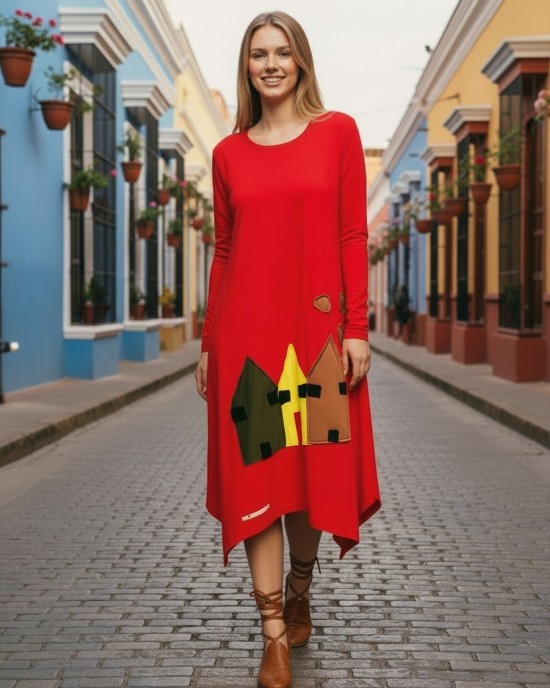 Μίντι φόρεμα, μακρύ μανίκι, στρόγγυλη λαιμόκοψη, μικρά πλαϊνά ανοίγματα στο τελείωμα, μήκος 112εκ., Βαμβάκι100% με σχέδιο πολύχρωμα σπιτάκια