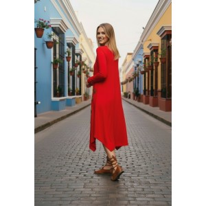 Μίντι φόρεμα, μακρύ μανίκι, στρόγγυλη λαιμόκοψη, μικρά πλαϊνά ανοίγματα στο τελείωμα, μήκος 112εκ., Βαμβάκι100% με σχέδιο πολύχρωμα σπιτάκια