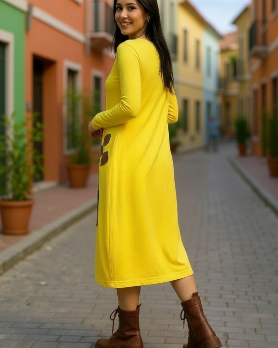 Φόρεμα midi balloon, σε κίτρινο χρώμα, στρόγγυλη λαιμόκοψη με μακρύ μανίκι μήκος 115εκ Βαμβάκι 95% με ελασταν 5% , με σχέδιο τα σπιτάκια