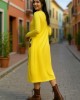 Φόρεμα midi balloon, σε κίτρινο χρώμα, στρόγγυλη λαιμόκοψη με μακρύ μανίκι μήκος 115εκ Βαμβάκι 95% με ελασταν 5% , με σχέδιο τα σπιτάκια