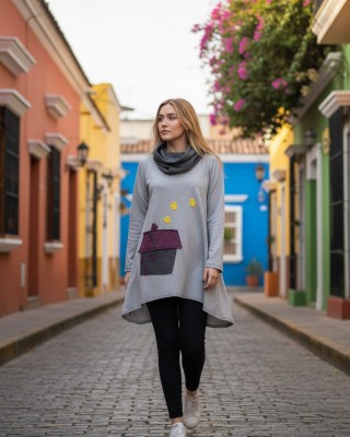 Μπλουζοφόρεμα ασύμμετρο, χρώμα γκρι ανοιχτό, με λαιμό σε γκρι σκούρο, μακρύ μανίκι, μήκος 80εκ μπροστινό μέρος και πίσω μέρος 90εκ.,ύφασμα Βαμβάκι95% ελαστάν 5%, σχέδιο  My Sweet Home