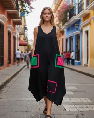 Μίντι αμάνικο φόρεμα, V  λαιμόκοψη μπροστά και πίσω, μικρά πλαϊνά ανοίγματα στο τελείωμα, μήκος 115εκ., Βαμβάκι100% με σχέδιο τα πολύχρωμα τετράγωνα