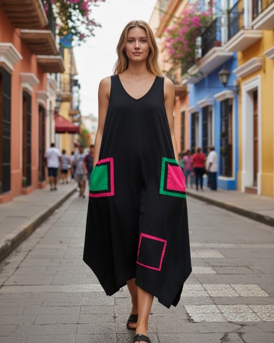 Μίντι φόρεμα, V  λαιμόκοψη, μικρά πλαϊνά ανοίγματα στο τελείωμα, μήκος 115εκ., Βαμβάκι100% με σχέδιο τα πολύχρωμα τετράγωνα