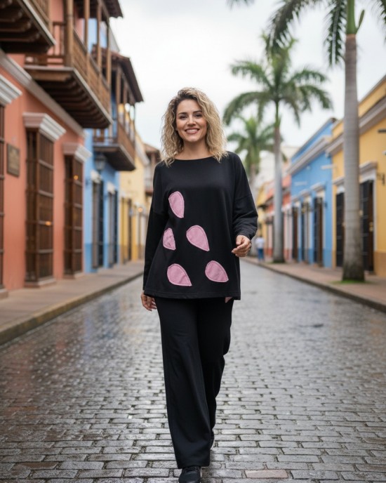 Μπλούζα με μακρύ μανίκι, Βαμβάκι 95% ελαστάν 5%, μήκος από ώμο 65εκ., λαιμόκοψη χαμόγελο, με σχέδιο  Σταγόνες Βροχής