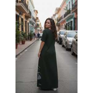 Φόρεμα μακρύ κυπαρισσί, μήκος από τον ώμο 135εκ., άνετο και δροσερό βαμβάκι 100%, Κοντό μανίκι με σχέδιο το ριγέ ψαροκόκαλο