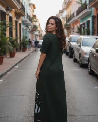 Φόρεμα μακρύ κυπαρισσί, μήκος από τον ώμο 135εκ., άνετο και δροσερό βαμβάκι 100%, Κοντό μανίκι με σχέδιο το ριγέ ψαροκόκαλο