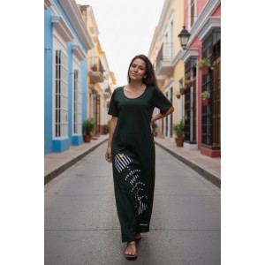 Φόρεμα μακρύ κυπαρισσί, μήκος από τον ώμο 135εκ., άνετο και δροσερό βαμβάκι 100%, Κοντό μανίκι με σχέδιο το ριγέ ψαροκόκαλο