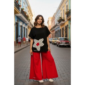 Mπλούζα  με κοντό μανίκι, χαμόγελο λαιμόκοψη, ύφασμα μπλούζας βαμβάκι 100%, μήκος από ώμο 65εκ., με σχέδιο BlackWhite 