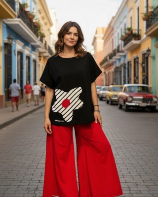 Mπλούζα  με κοντό μανίκι, χαμόγελο λαιμόκοψη, ύφασμα μπλούζας βαμβάκι 100%, μήκος από ώμο 65εκ., με σχέδιο BlackWhite 