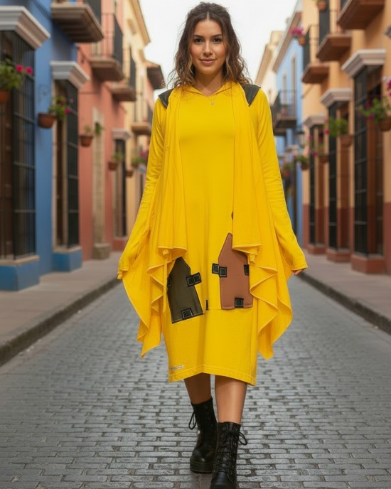 Ασύμμετρο Καλοκαιρινό Πανωφόρι Midi, σε λευκό ή μαύρο χρώμα, σε στυλ κάπας με μανίκι, Άνετο δροσερό, Βαμβάκι 100% με πλαϊνές τσέπες, ΧΩΡΙΣ φερμουάρ, σχέδιο Πολύχρωμα Σπιτάκια