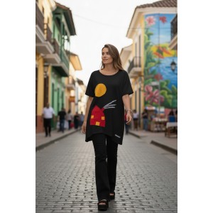 Μπλουζοφόρεμα λευκό ή μαύρο, με ανοίγματα στο πλάι . βαμβάκι 100%,  μήκος από ώμο 70εκ.  βαμβάκι 100% και σχέδιο σπιτάκι και ήλιος 