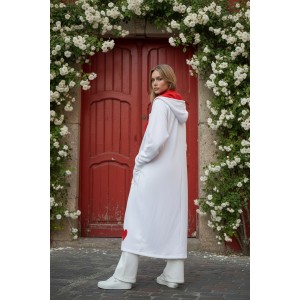 Μακρύ Λευκό Πανωφόρι, μήκος 120εκ. από ώμο, με Κουκούλα λευκή και κόκκινη, Άνετο ζεστό, Φούτερ με χνούδι, με φερμουάρ και τσέπες, με σχέδιο μικρή κόκκινη καρδιά 