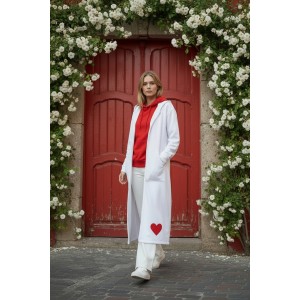 Μακρύ Λευκό Πανωφόρι, μήκος 120εκ. από ώμο, με Κουκούλα λευκή και κόκκινη, Άνετο ζεστό, Φούτερ με χνούδι, με φερμουάρ και τσέπες, με σχέδιο μικρή κόκκινη καρδιά 