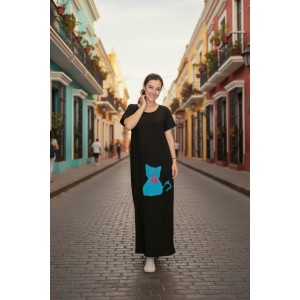 Φόρεμα μακρύ , μήκος από τον ώμο 135εκ., άνετο και δροσερό βαμβάκι 100%, αμάνικο, με σχέδιο Τιρκουάζ Γάτα