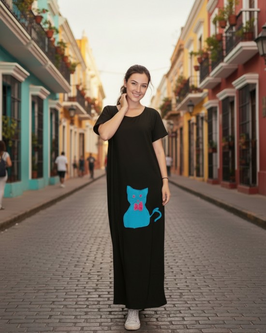 Φόρεμα μακρύ , μήκος από τον ώμο 135εκ., άνετο και δροσερό βαμβάκι 100%, αμάνικο, με σχέδιο Τιρκουάζ Γάτα