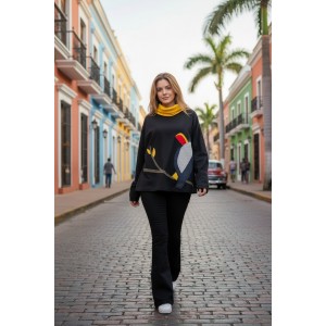 Μπλούζα με μακρύ μανίκι, Βαμβάκι 95% ελαστάν 5%, μήκος από ώμο 65εκ., με λαιμό σε χρώμα κροκί, με σχέδιο τουκάν 