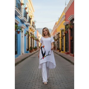 Mπλουζοφόρεμα ασύμμετρο, Μήκος από τον ώμο 80εκ μπροστινό μέρος και το πίσω μέρος 90εκ. με κοντό μανίκι βαμβάκι 100% με σχέδιο Τουκάν 