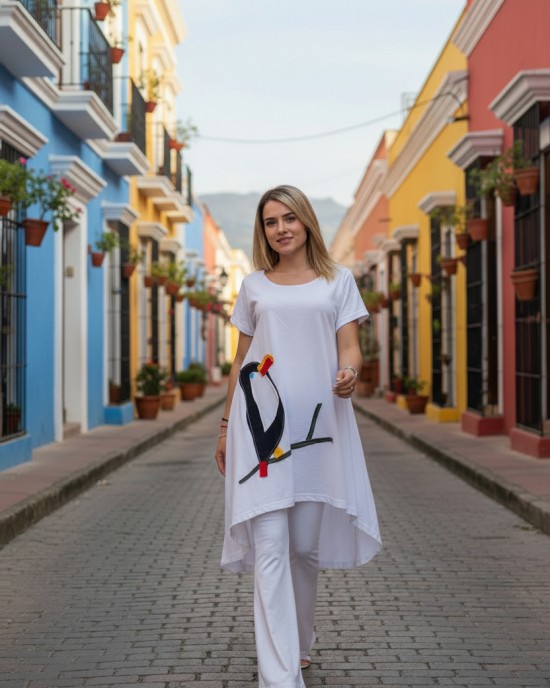 Mπλουζοφόρεμα ασύμμετρο, Μήκος από τον ώμο 80εκ μπροστινό μέρος και το πίσω μέρος 90εκ. με κοντό μανίκι βαμβάκι 100% με σχέδιο Τουκάν 