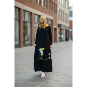 Φόρεμα μακρύ, σε άλφα γραμμή, Μακρύ μανίκι, Βαμβάκι95% ελαστάν 5% , με κουκούλα με κίτρινο εσωτερικά, μήκος 135εκ., με σχέδιο τουκάν 