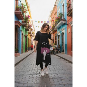 Φόρεμα, midi  χαμόγελο λαιμόκοψη, μικρά πλαϊνά ανοίγματα στο τελείωμα, μήκος 115εκ., Βαμβάκι100%  με σχέδιο δέντρο με ζωγραφισμένους γλάρους 