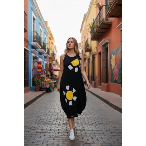 Φόρεμα midi balloon, με τζιν τιράντες, χρώμα μαύρο ή μπλε σκούρο, στρόγγυλη λαιμόκοψη, μήκος 112εκ από ώμο, Βαμβάκι 100%, Σχέδιο τις μαργαρίτες