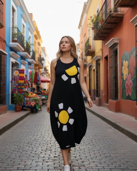 Φόρεμα midi balloon, με τζιν τιράντες, χρώμα μαύρο ή μπλε σκούρο, στρόγγυλη λαιμόκοψη, μήκος 112εκ από ώμο, Βαμβάκι 100%, Σχέδιο τις μαργαρίτες