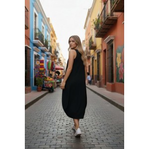 Φόρεμα midi balloon, με τζιν τιράντες, χρώμα μαύρο ή μπλε σκούρο, στρόγγυλη λαιμόκοψη, μήκος 112εκ από ώμο, Βαμβάκι 100%, Σχέδιο τις μαργαρίτες