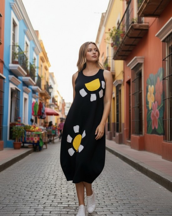 Φόρεμα midi balloon, με τζιν τιράντες, χρώμα μαύρο ή μπλε σκούρο, στρόγγυλη λαιμόκοψη, μήκος 112εκ από ώμο, Βαμβάκι 100%, Σχέδιο τις μαργαρίτες