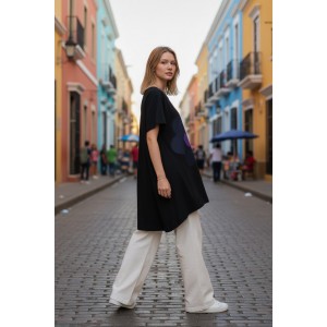 Mπλουζοφόρεμα Ασύμμετρο Μαύρο με σχέδιο Τζίν Μαργαρίτα με μωβ λεπτομέρειες