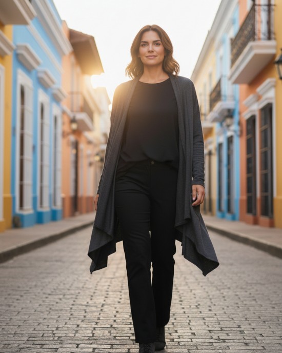 Πανωφόρι Midi, μαύρο ασύμμετρο, σε στυλ κάπας με μανίκι,  με Κουκούλα γκρι σκούρη εξωτερικά και τζιν το εσωτερικό της κουκούλας, Άνετο ζεστό, Φούτερ με χνούδι, με πλαϊνές τσέπες, ΧΩΡΙΣ φερμουάρ, σχέδιο  Βιολέτες Όμορφες