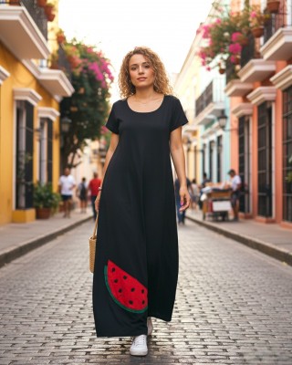 Φόρεμα  μακρύ beautiful summer, μήκος από τον ώμο 135εκ., άνετο και δροσερό βαμβάκι 100%, Κοντό μανίκι με σχέδιο καρπουζάκι