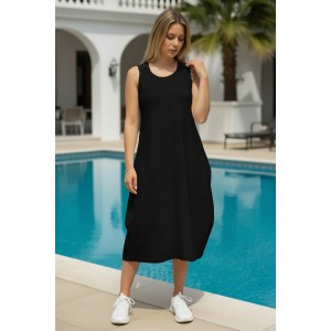 Φόρεμα Μίντι Μπαλούν Μαύρο ή λευκό, μήκος από ώμο 110εκ., με τζιν τιράντες, άνοιγμα στην πλάτη με σχέδιο Καρπουζάκι, Βαμβάκι 100%