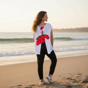 Mπλούζα  με κοντό μανίκι, χαμόγελο λαιμόκοψη, ύφασμα μπλούζας βαμβάκι 100%, μήκος από ώμο 65εκ., άνοιγμα στην πλάτη με σχέδιο καρπούζι 