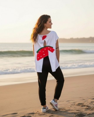 Mπλούζα  με κοντό μανίκι, χαμόγελο λαιμόκοψη, ύφασμα μπλούζας βαμβάκι 100%, μήκος από ώμο 65εκ., άνοιγμα στην πλάτη με σχέδιο καρπούζι 