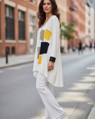 Ασύμμετρο Mπλουζοφόρεμα Άσπρο , μακρύ μανίκι, V λαιμόκοψη Βαμβάκι 100% , μήκος 80εκ μπροστινό μέρος και πίσω μέρος 90εκ., με σχέδιο Μικρές Λεπτομέρειες