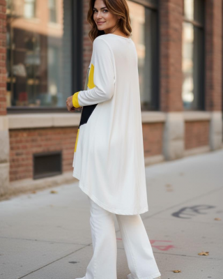 Ασύμμετρο Mπλουζοφόρεμα Άσπρο , μακρύ μανίκι, V λαιμόκοψη Βαμβάκι 100% , μήκος 80εκ μπροστινό μέρος και πίσω μέρος 90εκ., με σχέδιο Μικρές Λεπτομέρειες