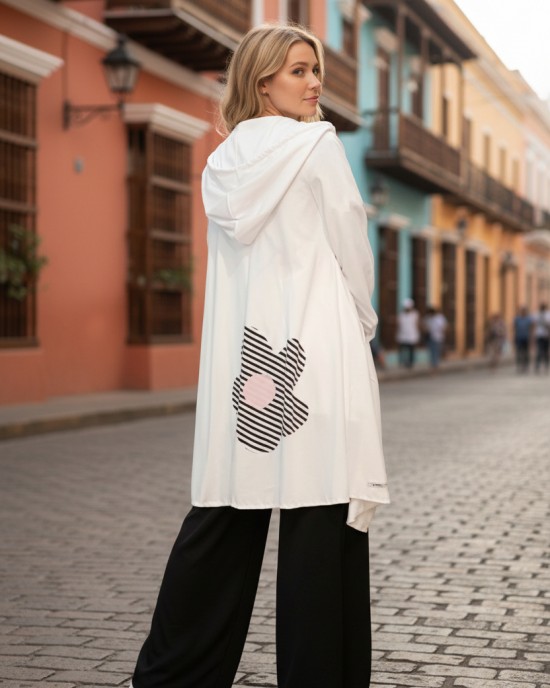 Ασύμμετρο Πανωφόρι Midi, σε λευκό ή μαύρο χρώμα, σε στυλ κάπας με μανίκι, Άνετο δροσερό, Βαμβάκι 100% με πλαϊνές τσέπες, ΧΩΡΙΣ φερμουάρ, σχέδιο ριγέ Λουλούδι 