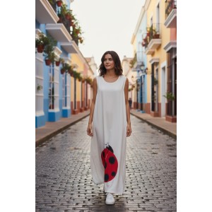 Φόρεμα μακρύ, σε χρώμα λευκό, σε άλφα γραμμή,  , μήκος από τον ώμο 135εκ., άνετο και δροσερό βαμβάκι 100%, αμάνικο, με σχέδιο την κόκκινη πασχαλίτσα