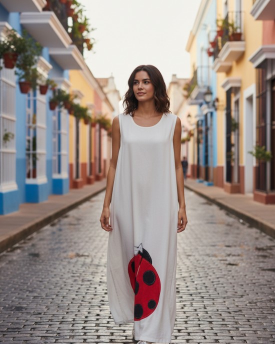 Φόρεμα μακρύ, σε χρώμα λευκό, σε άλφα γραμμή,  , μήκος από τον ώμο 135εκ., άνετο και δροσερό βαμβάκι 100%, αμάνικο, με σχέδιο την κόκκινη πασχαλίτσα