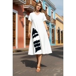 Φόρεμα midi άλφα γραμμή, χρώμα μαύρο , V λαιμόκοψη, με κοντό μανίκι, μήκος 115εκ από ώμο, Βαμβάκι 100%, Σχέδιο ασπρόμαυρο ψαροκόκαλο