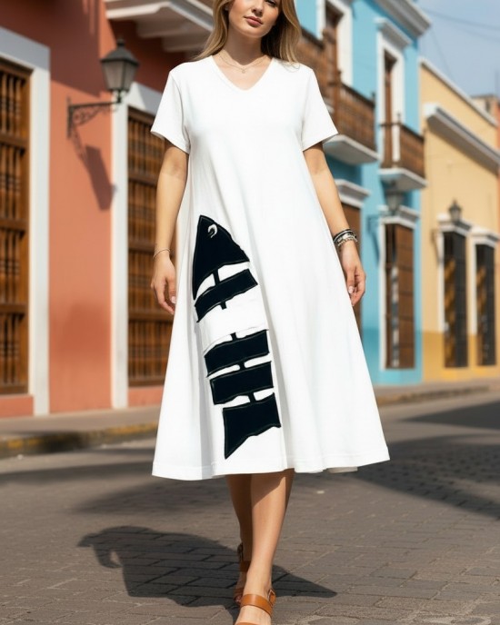 Φόρεμα midi άλφα γραμμή, χρώμα μαύρο , V λαιμόκοψη, με κοντό μανίκι, μήκος 115εκ από ώμο, Βαμβάκι 100%, Σχέδιο ασπρόμαυρο ψαροκόκαλο