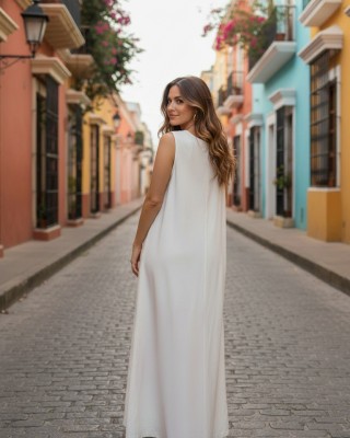 Φόρεμα μακρύ, σε χρώμα λευκό, σε άλφα γραμμή,  , μήκος από τον ώμο 135εκ., άνετο και δροσερό βαμβάκι 100%, αμάνικο, με σχέδιο την κόκκινη πασχαλίτσα