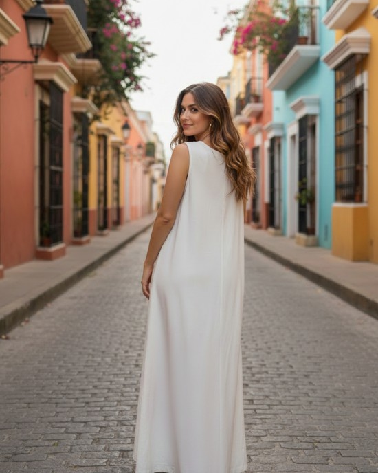 Φόρεμα μακρύ, σε χρώμα λευκό, σε άλφα γραμμή,  , μήκος από τον ώμο 135εκ., άνετο και δροσερό βαμβάκι 100%, αμάνικο, με σχέδιο την κόκκινη πασχαλίτσα