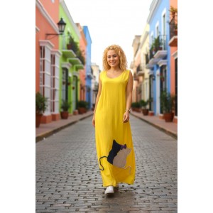 Φόρεμα μακρύ, σε χρώμα κίτρινο, μήκος από τον ώμο 135εκ., άνετο και δροσερό βαμβάκι 100%, αμάνικο, με σχέδιο αγαπημένα γατάκια