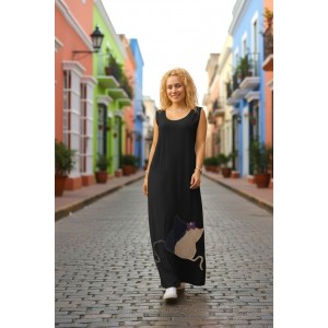 Φόρεμα μακρύ, σε χρώμα μαύρο, μήκος από τον ώμο 135εκ., άνετο και δροσερό βαμβάκι 100%, αμάνικο, με σχέδιο αγαπημένα γατάκια